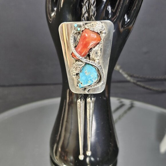 Navajo Turquise Coral Sterling Bolo Tie Snake 925 Silver Tips Simplicio Zuni USA - Picture 1 of 11